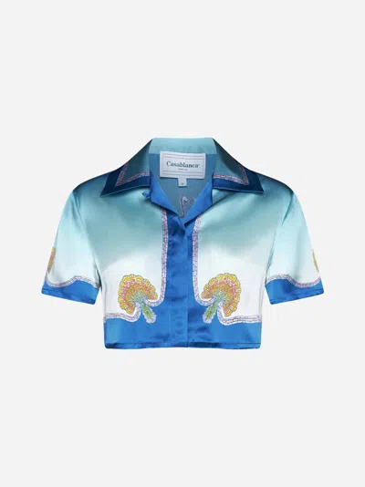 Shop Casablanca Coquillage Silk Cropped Shirt In Blue,multicolor
