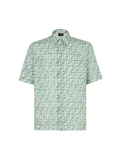 Shop Fendi Green Linen Shirt With Label In Nude & Neutrals