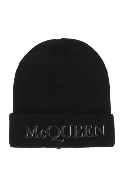 Shop Alexander Mcqueen Cashmere Beanie With Logo Embroidery In Black