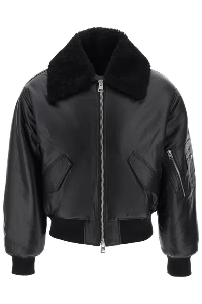 Shop Ami Alexandre Mattiussi Ami Paris Leather Bomber Jacket In Black