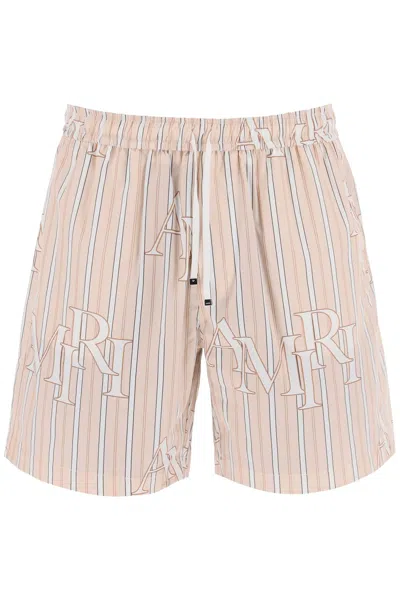 Shop Amiri Stripe Technical Poplin Bermuda Shorts With Logo"striped In Pink