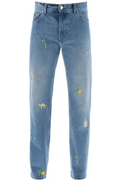 Shop Casablanca Embroidered Straight Jeans In Light Blue