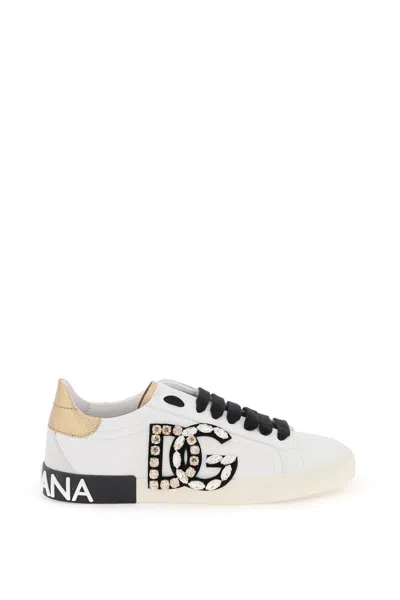 Shop Dolce & Gabbana Portofino Vintage Leather Sneakers With Rhinestone Dg In Mixed Colours
