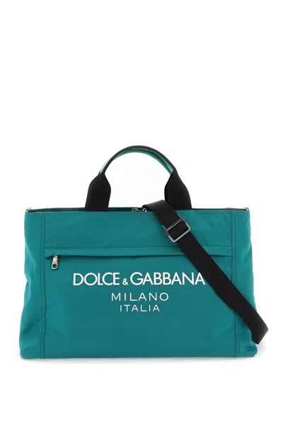 Shop Dolce & Gabbana Rubberized Logo Nylon Duffle Bag In Green