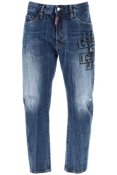 Shop Dsquared2 Jeans Bro In Icon Dark Wash Stamps In Blue