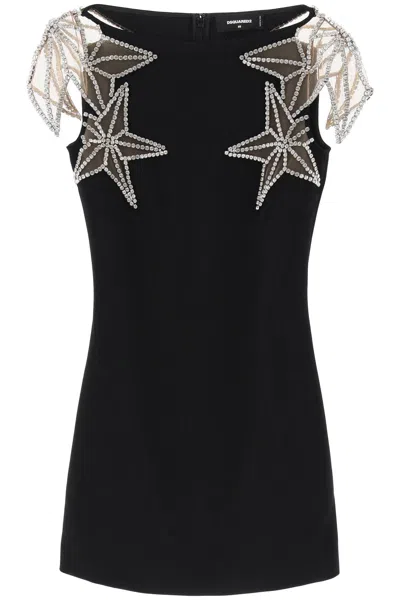 Shop Dsquared2 Short Dress With Crystal Stars Pattern In Black