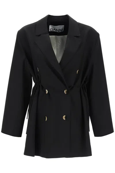 Shop Ganni Double-breasted Blazer With Self-tie Strings In Black