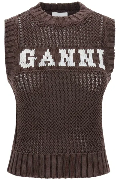 Shop Ganni Gilet In Maglia Traforata Con Logo In Brown