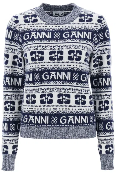 Shop Ganni Jacquard Wool Sweater With Logo Pattern In Mixed Colours