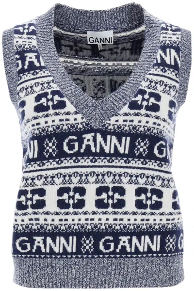 Shop Ganni Jacquard Wool Vest With Logo Pattern In Mixed Colours