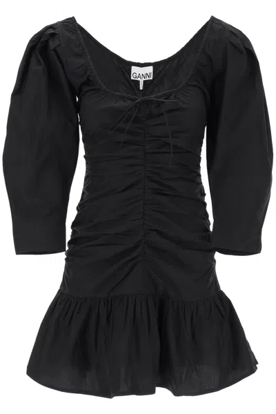 Shop Ganni Mini Poplin Dress With Curved Sleeves In Black
