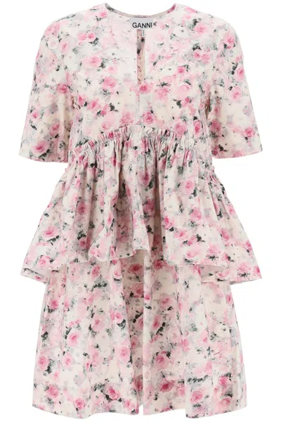 Shop Ganni Organic Cotton Flounce Mini Dress In Mixed Colours