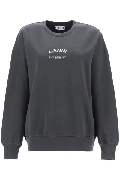 Shop Ganni Oversized Sweatshirt With Logo Print In Grey