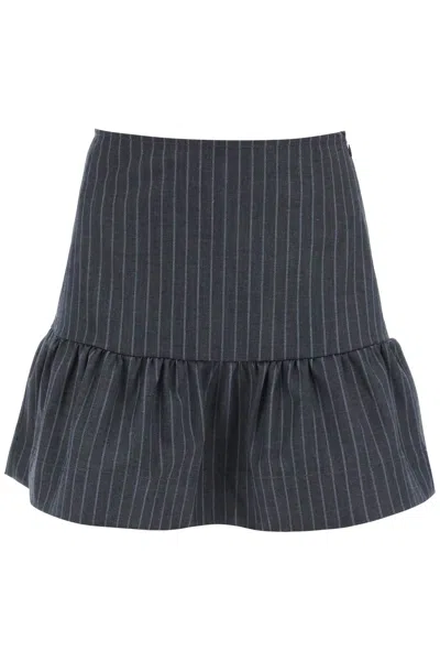 Shop Ganni Pinstriped Mini Skirt With Flounce Hem In Grey