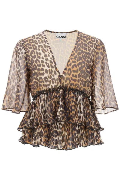 Shop Ganni Pleated Blouse With Leopard Motif In Mixed Colours