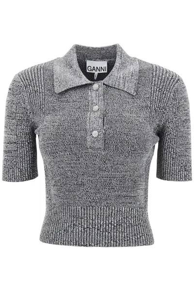 Shop Ganni Stretch Knit Polo Top With Jewel Buttons In Grey