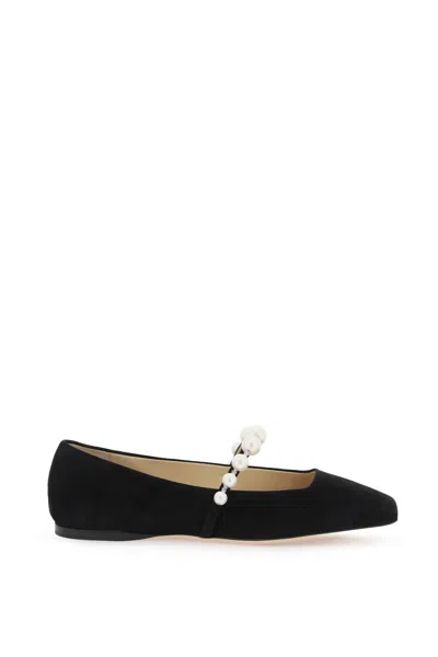 Shop Jimmy Choo Suede Leather Ballerina Flats With Pearl In Black