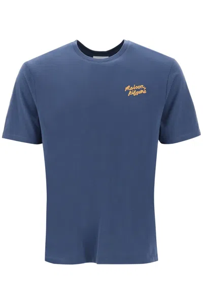 Shop Maison Kitsuné Crew-neck T-shirt With Logo Embroidery In Blue