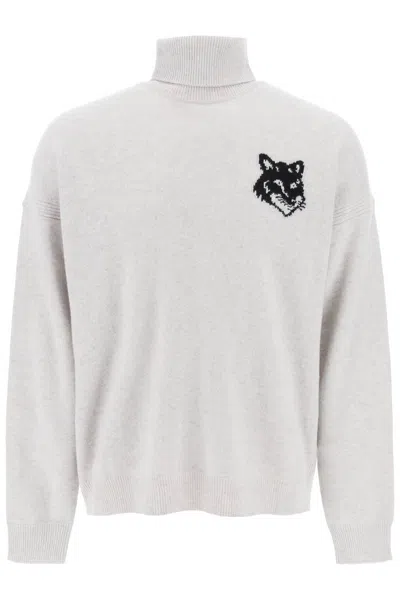 Shop Maison Kitsuné Fox Head Inlay Turtleneck Sweater In Grey