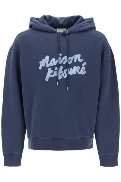 Shop Maison Kitsuné Hooded Sweatshirt With Embroidered Logo In Blue