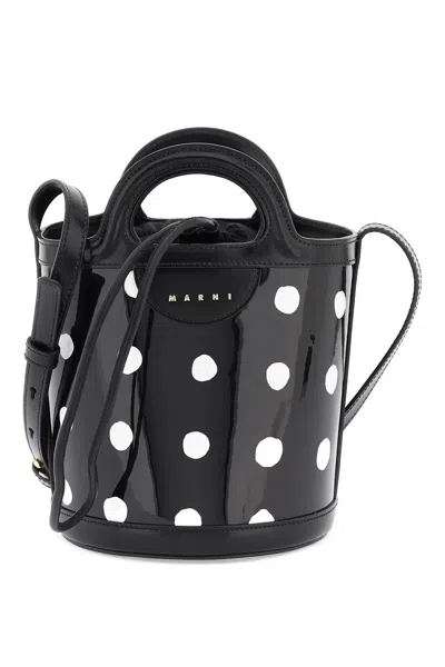 Shop Marni Patent Leather Tropicalia Bucket Bag With Polka-dot Pattern In Black