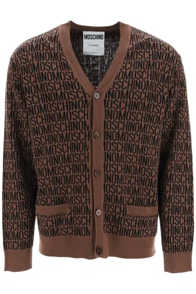 Shop Moschino All-over Logo Cardigan In Brown