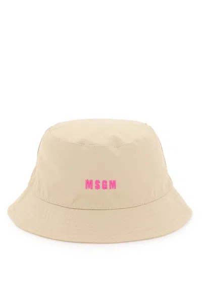 Shop Msgm Cotton Bucket Hat With Embroidery In Beige