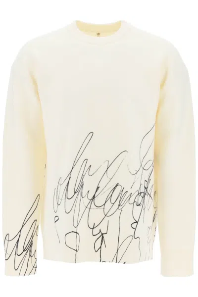 Shop Oamc Scribble Print Wool Cotta Pullover In White