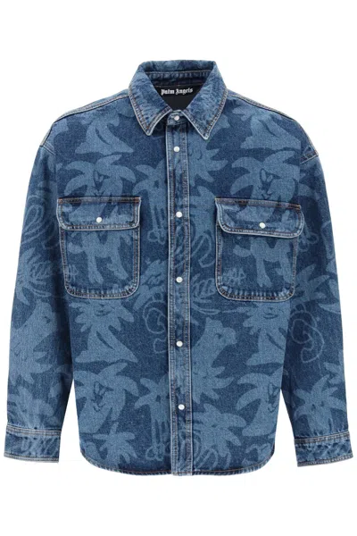 Shop Palm Angels 'palmity' Overshirt In Denim With Laser Print All-over In Blue