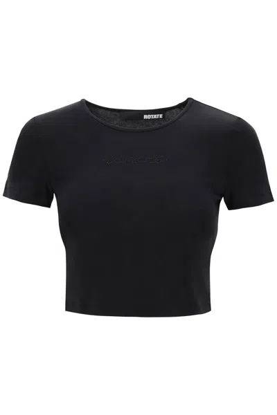 Shop Rotate Birger Christensen Cropped T-shirt With Rhinestone Logo In Black