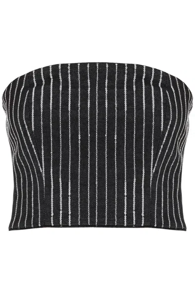Shop Rotate Birger Christensen Cropped Top With Sequined Stripes In Black