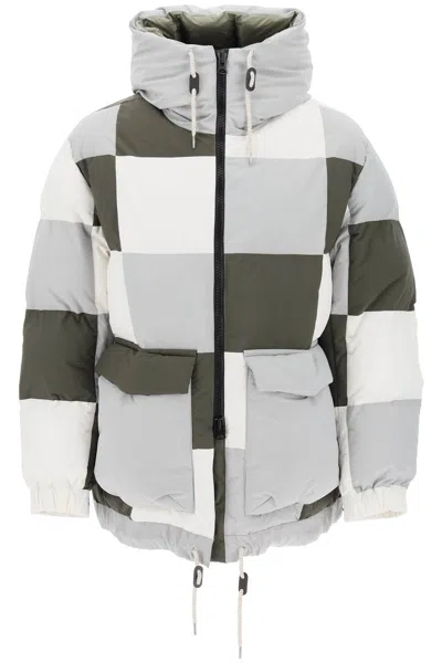 Shop Sacai Hooded Puffer Jacket With Checkerboard Pattern In Mixed Colours
