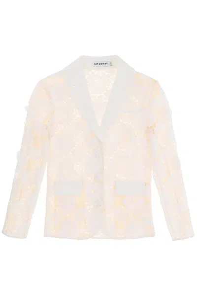 Shop Self-portrait Cotton Floral Lace Jacket In White