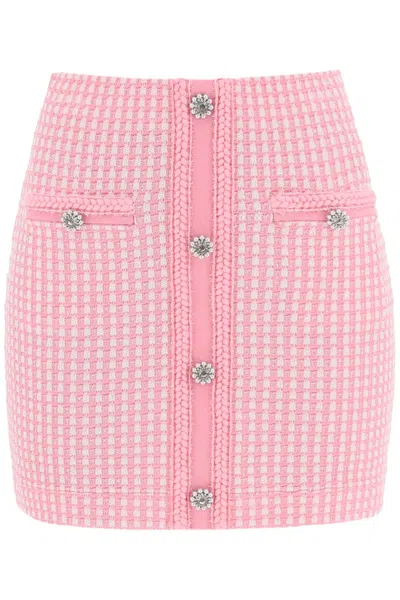 Shop Self-portrait Lurex Knitted Mini Skirt With Diamanté Buttons In Pink