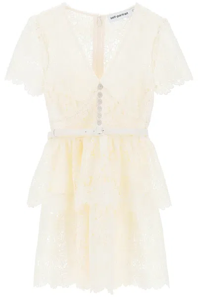 Shop Self-portrait Mini Ruffled Guipure Lace Dress With In Mixed Colours