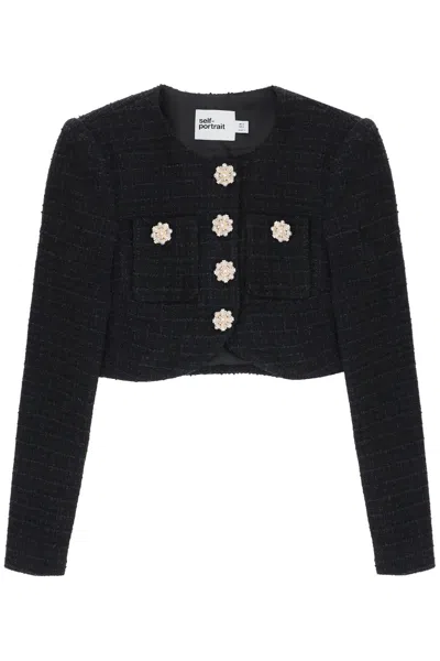 Shop Self-portrait Tweed Cropped Jacket With Diamanté Buttons In Mixed Colours