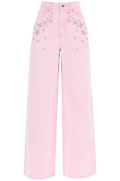 Shop Self-portrait Wide Jeans With Applique Details In Pink
