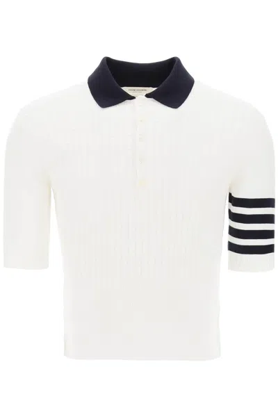 Shop Thom Browne Placed Baby Cable 4-bar Cotton Polo Sweater In White