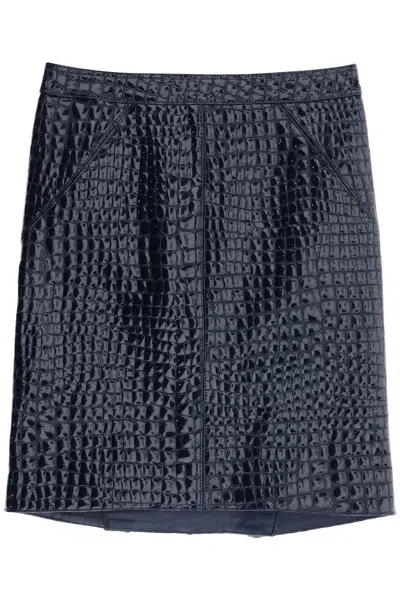 Shop Tom Ford "goat Leather Crocodile Effect Skirt" In Blue