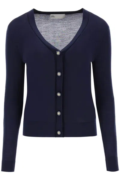 Shop Tory Burch 'simone' Wool And Silk Cardigan In Blue
