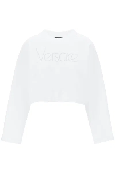 Shop Versace Cropped Sweatshirt With Rhinestone In White