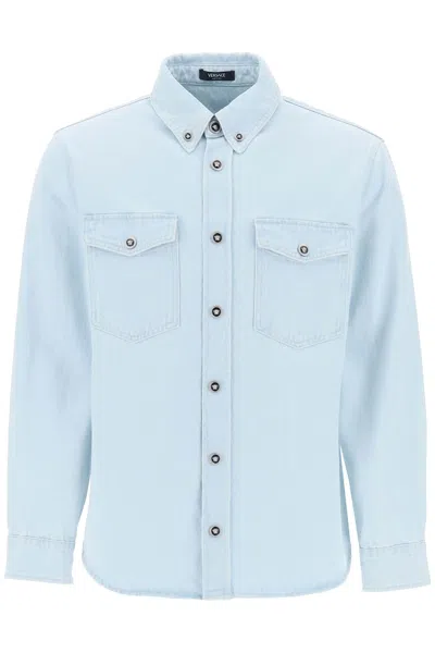 Shop Versace "medusa Denim Shirt In Light Blue