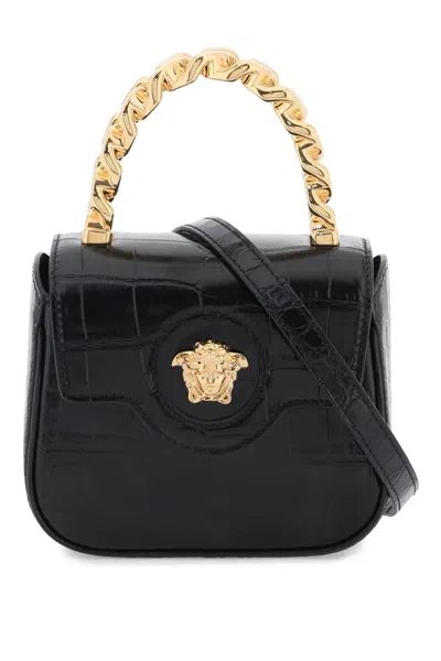 Shop Versace Croco-embossed Leather 'la Medusa' Mini Bag In Black