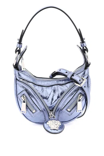 Shop Versace Metallic Leather 'repeat' Mini Hobo Bag In Mixed Colours