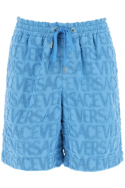 Shop Versace Allover Terry-cloth Shorts In Light Blue