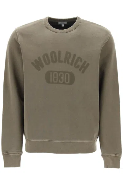Shop Woolrich "round Neck Sweatshirt With Faded Logo In Khaki