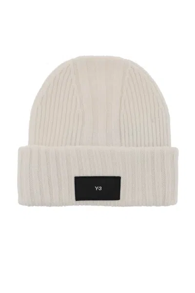 Shop Y-3 Beanie Hat In Ribbed Wool With Logo Patch In White