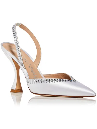 Shop Stuart Weitzman Gmct Womens Satin Embellished Slingback Heels In Silver