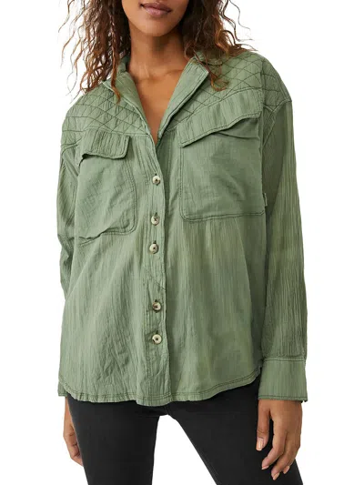 Shop We The Free Silver Lining Womens Cotton Collared Button-down Top In Green