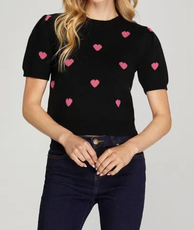 She + Sky Short Puff Sleeve Heart Print Sweater In Black In Black